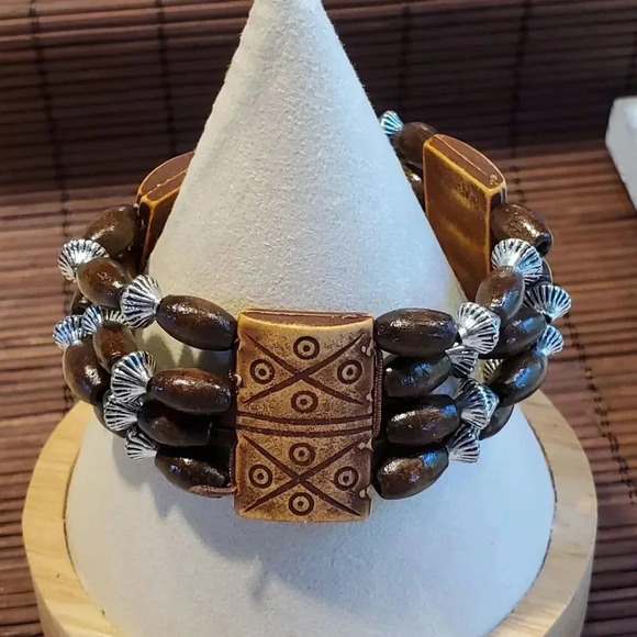 90s Y2K Vintage Boho Tribal Brown Wood Silver Acrylic Beads Stretch Bracelet - Picture 1 of 9